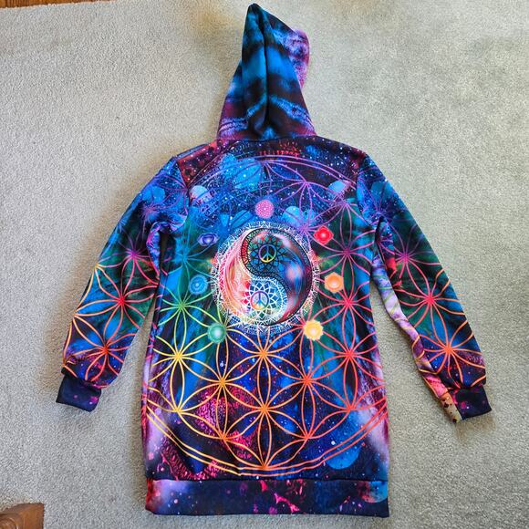 Yes We Vibe Groovy Chakra Peace Hoodie size Large Tunic Length Kangaroo Pocket - Picture 6 of 10